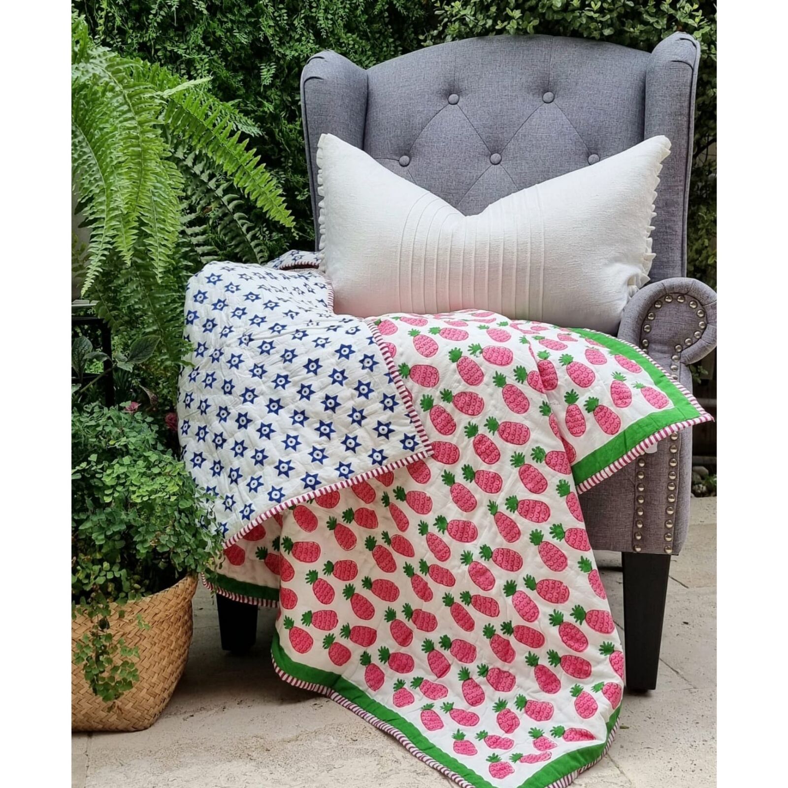 GOTS Certified Organic Cotton Reversible Baby Quilt (100x120cm) - Pink Pineapple V563-0007