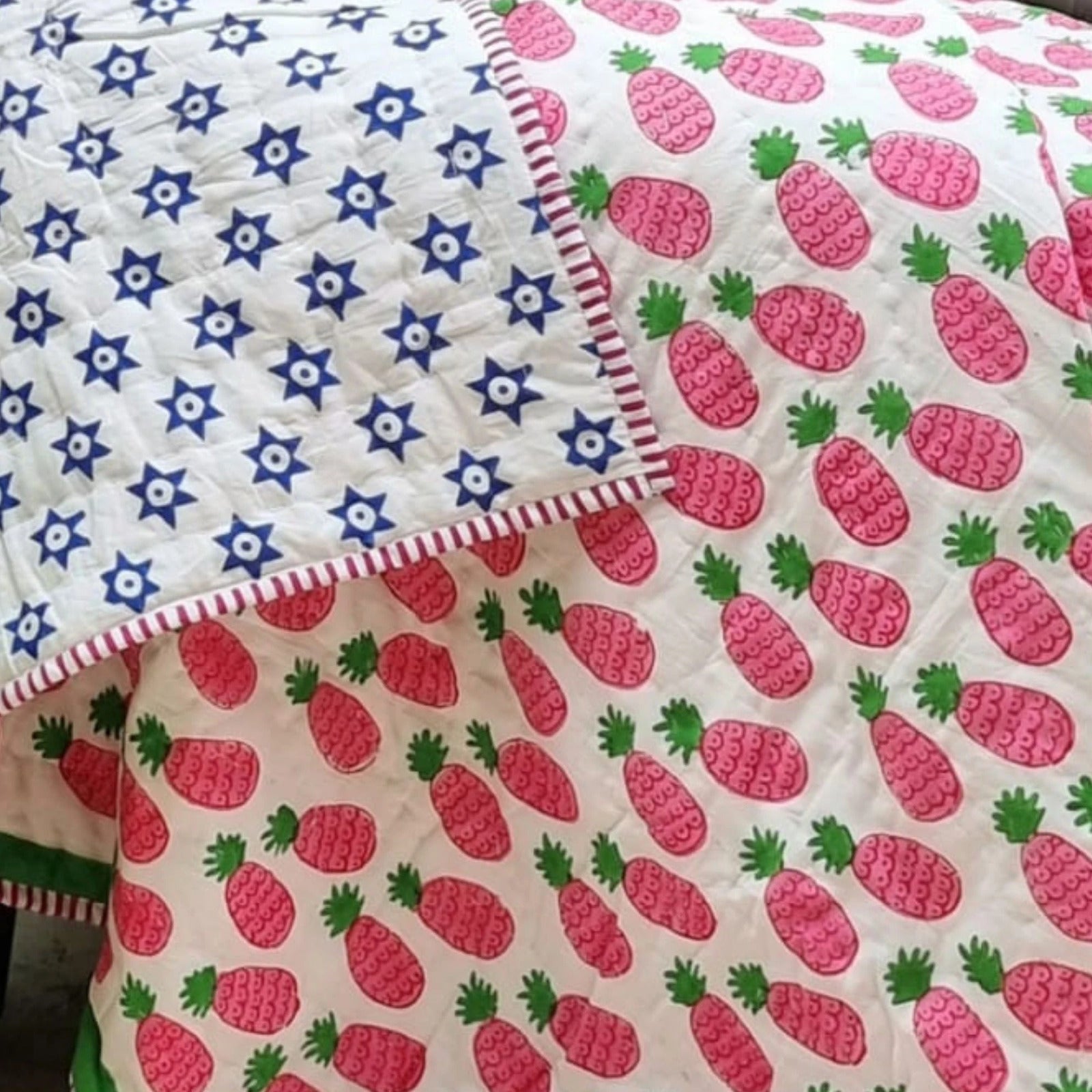 GOTS Certified Organic Cotton Reversible Baby Quilt (100x120cm) - Pink Pineapple V563-0007