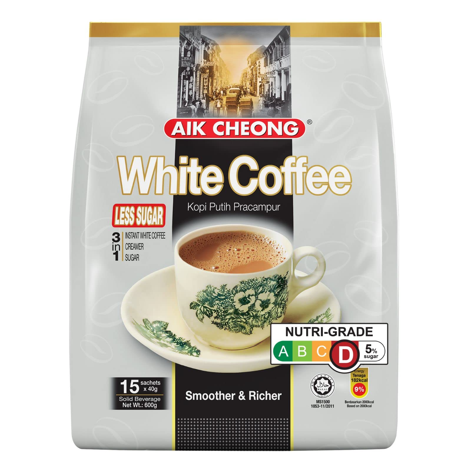 Aik Cheong White Instant Coffee 40g Sachets (Pack of 15) - Less Sugar (600g Total) V563-0752-1PACK