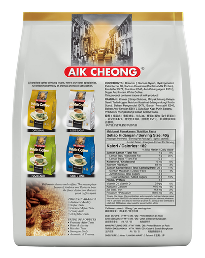 Aik Cheong White Instant Coffee 40g Sachets (Pack of 15) - Less Sugar (600g Total) V563-0752-1PACK