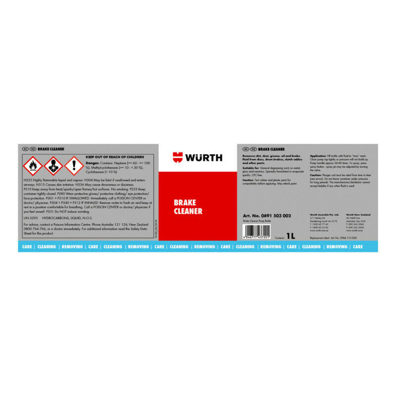 Wurth Brake Cleaner Specific Pump Spray Bottle Unfilled 1L V563-0891503002-062