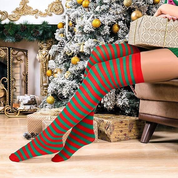 10x Christmas Over The Knee Socks Red Green Xmas Candy Cane Striped Elf Bulk V563-10PCS-CHRISTMAS_SOX