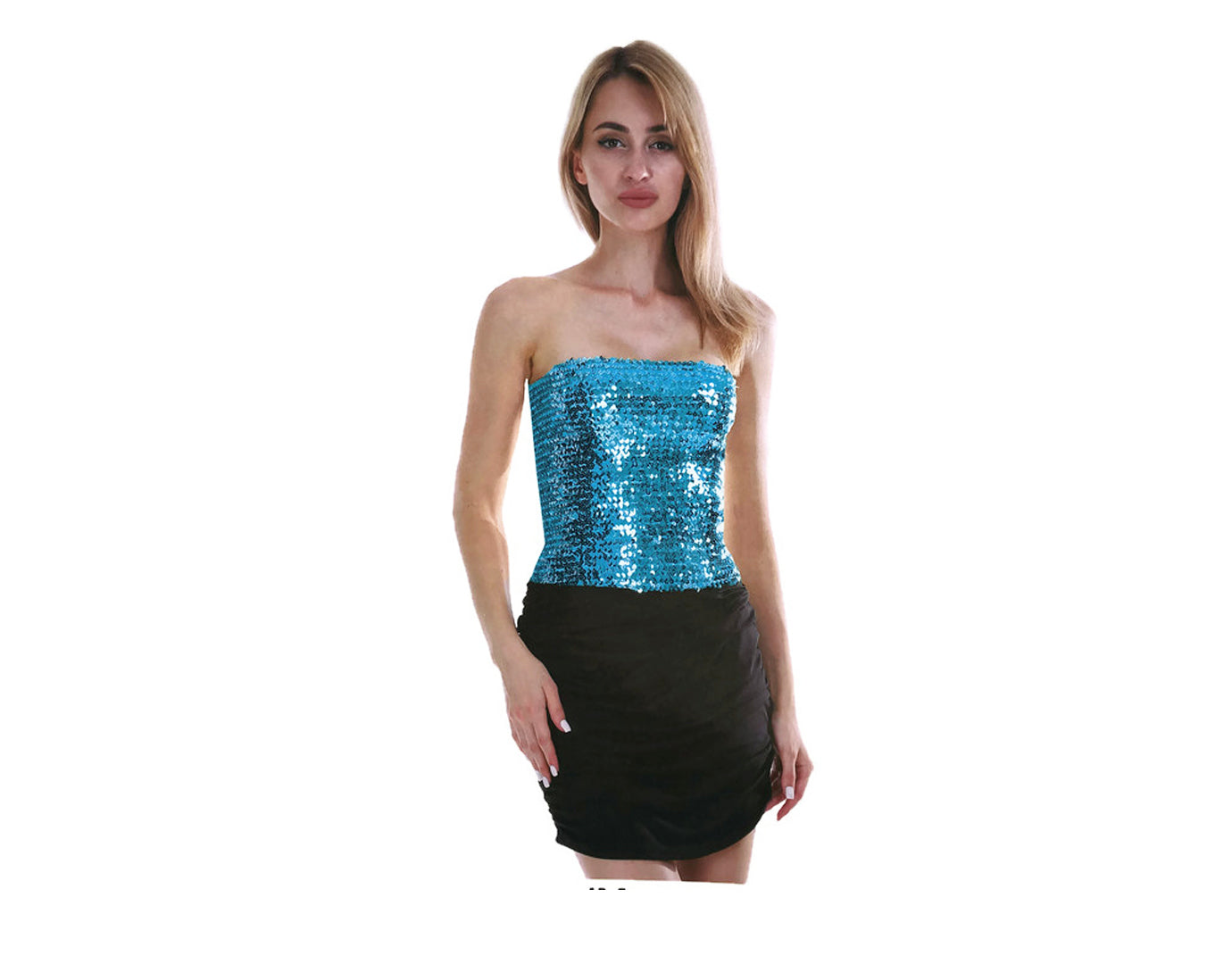 Womens SEQUIN BANDEAU CROP TOP Sparkling Sparkly Costume Tube - Light Blue V563-12086-LIGHTBLUE