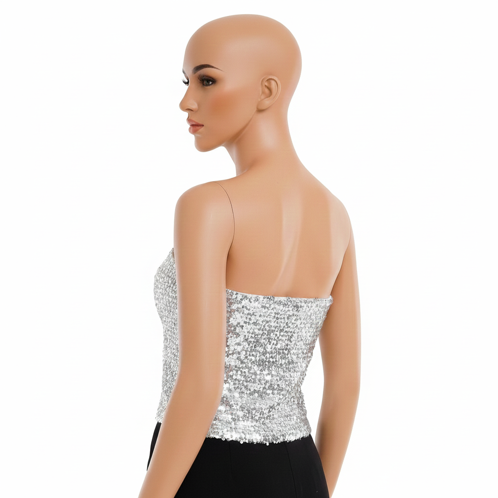 Womens SEQUIN BANDEAU CROP TOP Sparkling Sparkly Costume Tube - Silver V563-12086-SILVER