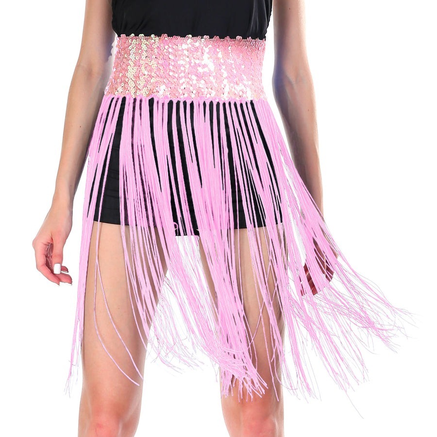 Sequin Belt w/ Fringe Skirt Belly Dance Dancer Costume Party - Light Pink V563-12087-05