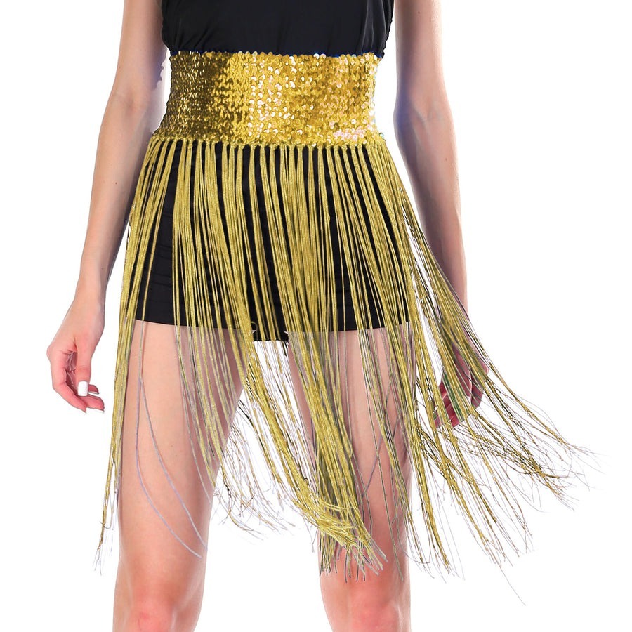 Sequin Belt w/Fringe Skirt Belly Dance Dancer Costume Party - Gold/Yellow V563-12087-10