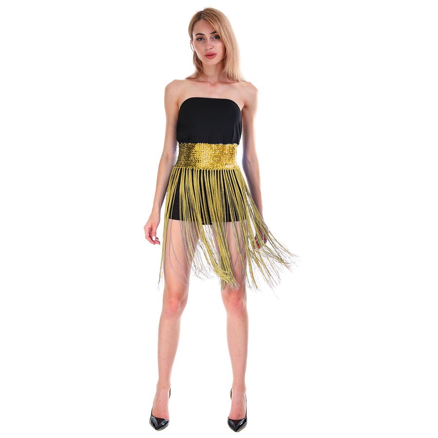 Sequin Belt w/Fringe Skirt Belly Dance Dancer Costume Party - Gold/Yellow V563-12087-10