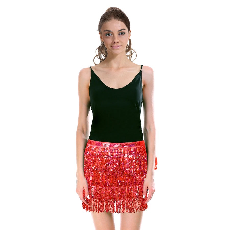 Adult Sequin Fringe Skirt w/ Adjustable Tie Costume Party in Red V563-12088-03