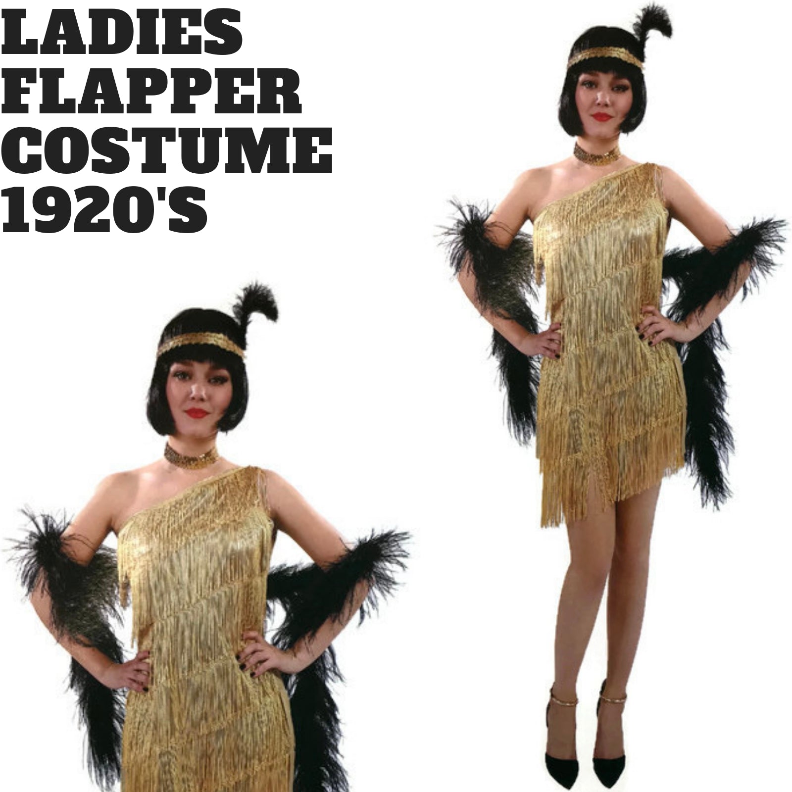 Ladies Flapper Costume Charleston Gatsby Chicago Fancy Dress Party 1920s 20s - Gold V563-12099