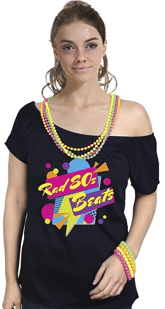 Rad 80s Beats Womens T Shirt Costume Ladies 1980s Fancy Dress Up Top - Black V563-12163-02