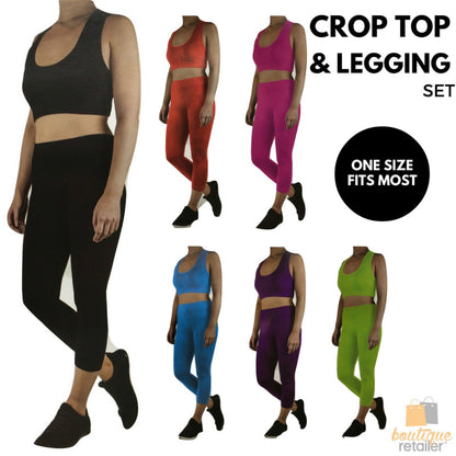 Womens CROP TOP Tank + LEGGING Pants SET Jogger Sport Party Tracksuit Gym Yoga - Red V563-12189-RED