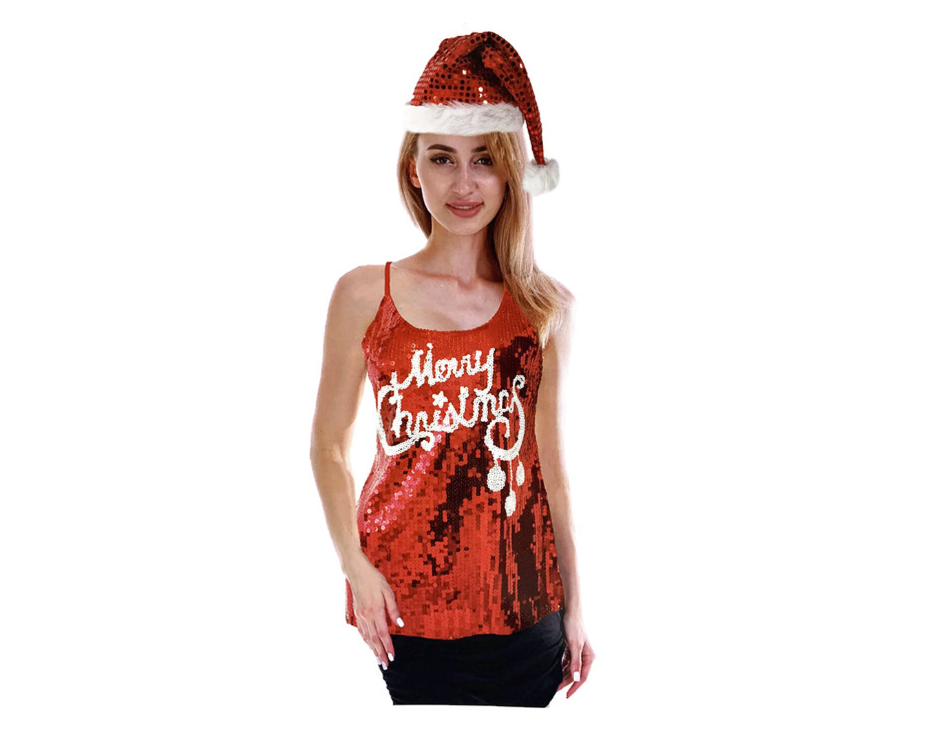 Womens Merry Christmas Sequin Singlet Camisole Cami Costume Party Xmas V563-12222