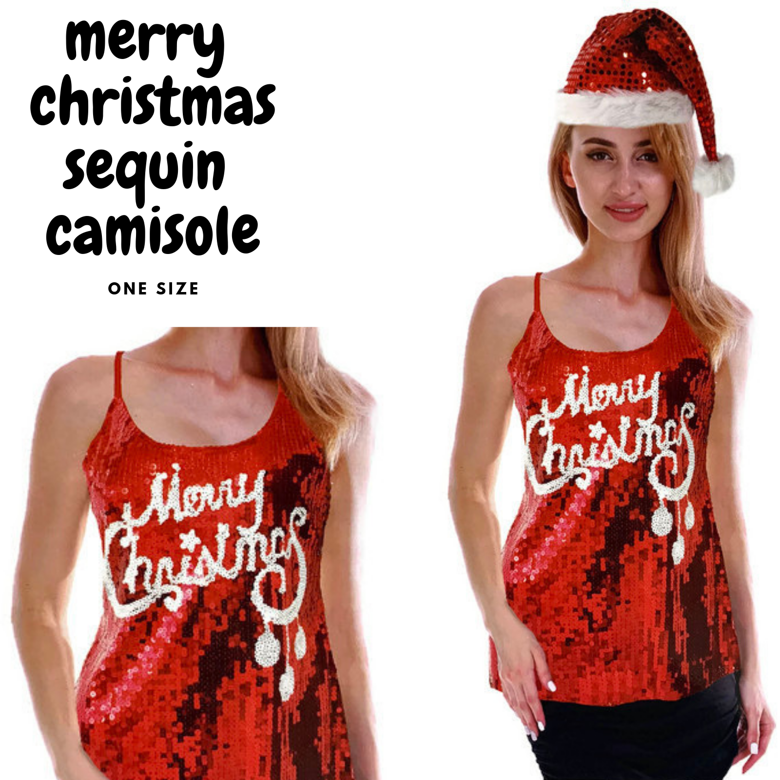 Womens Merry Christmas Sequin Singlet Camisole Cami Costume Party Xmas V563-12222