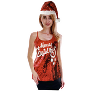 Womens Merry Christmas Sequin Singlet Camisole Cami Costume Party Xmas V563-12222