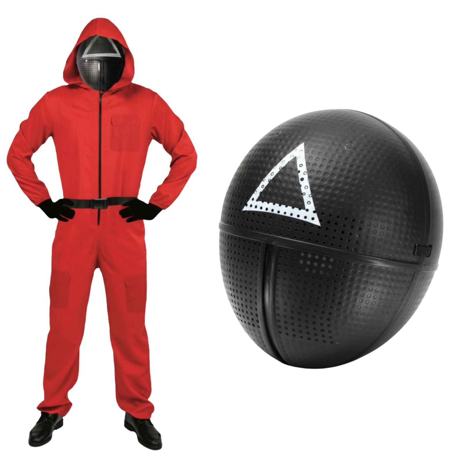 Adult Squid Game Guard Tracksuit Red Full Party Costume Set w/ Mask - Triangle Mask - S/M V563-12233_16811-02-S_M