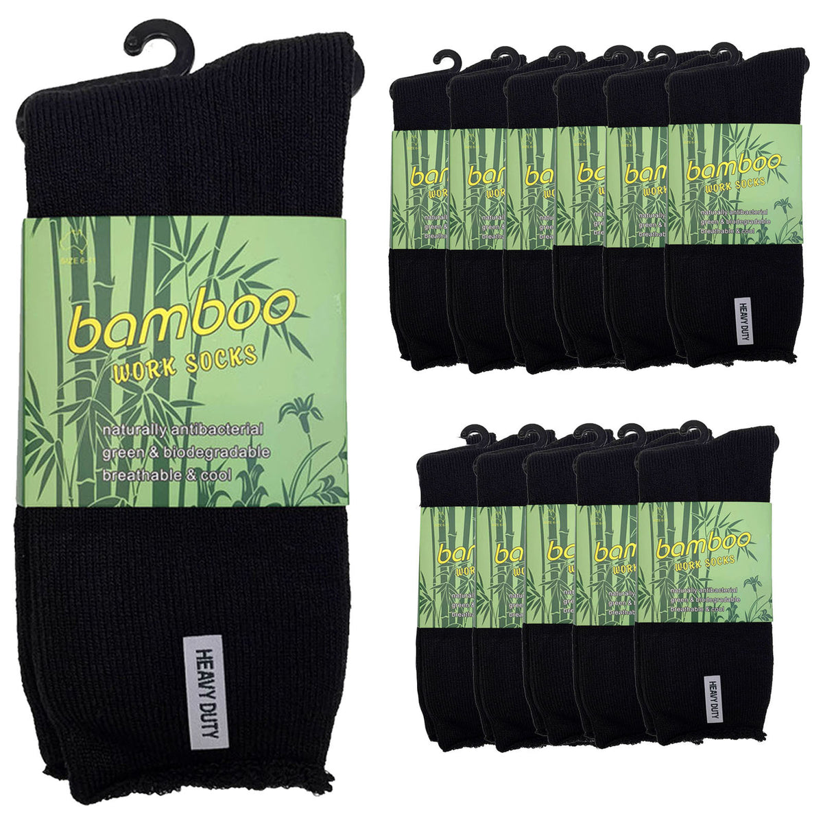 12 Pairs PREMIUM BAMBOO SOCKS Mens Heavy Duty Thick Work Socks Cushion BULK - Black - 6-11 V563-12BSOX-BLK-SIZE6-11