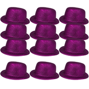 12x GLITTER BOWLER HAT Fancy Party Plastic Costume Cap Fun Dress Up Sparkle BULK - Purple V563-12GLTRBWLRHAT-PUR