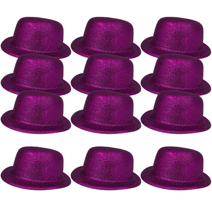 12x GLITTER BOWLER HAT Fancy Party Plastic Costume Cap Fun Dress Up Sparkle BULK - Purple V563-12GLTRBWLRHAT-PUR
