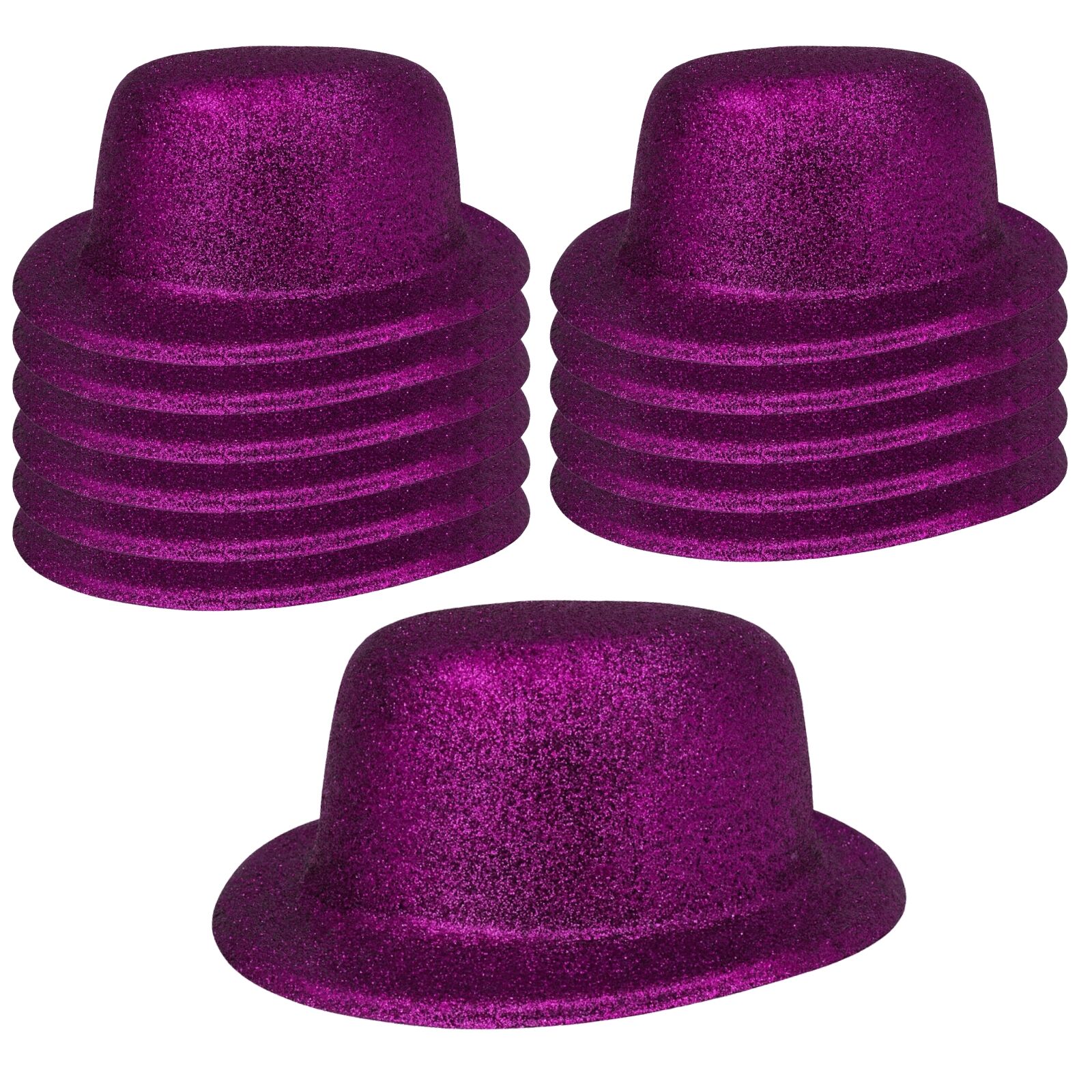 12x GLITTER BOWLER HAT Fancy Party Plastic Costume Cap Fun Dress Up Sparkle BULK - Purple V563-12GLTRBWLRHAT-PUR