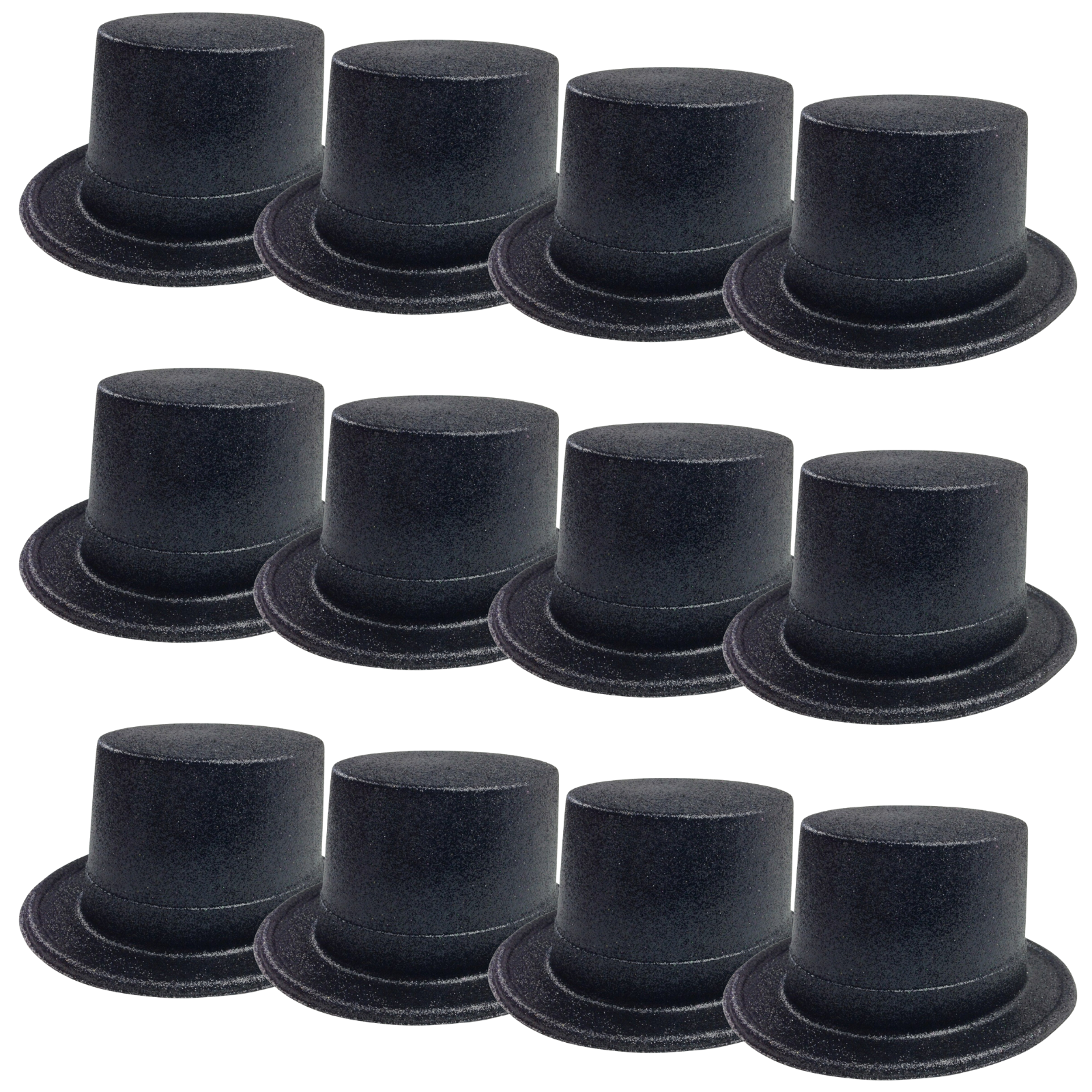 12x GLITTER TOP HAT Fancy Party Plastic Costume Tall Cap Fun Dress Up BULK - Black V563-12GLTRTOPHAT-BLK