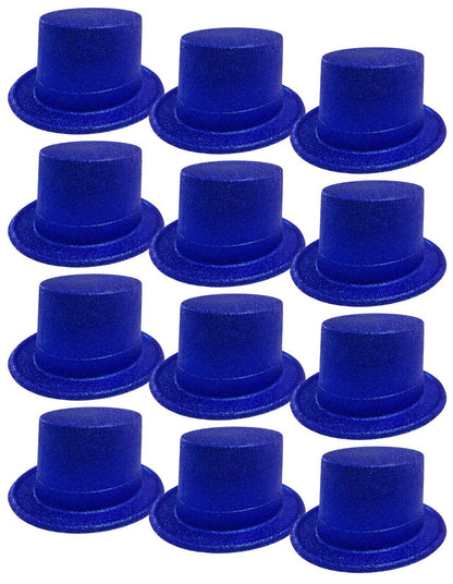 12x GLITTER TOP HAT Fancy Party Plastic Costume Tall Cap Fun Dress Up BULK - Blue V563-12GLTRTOPHAT-BLU