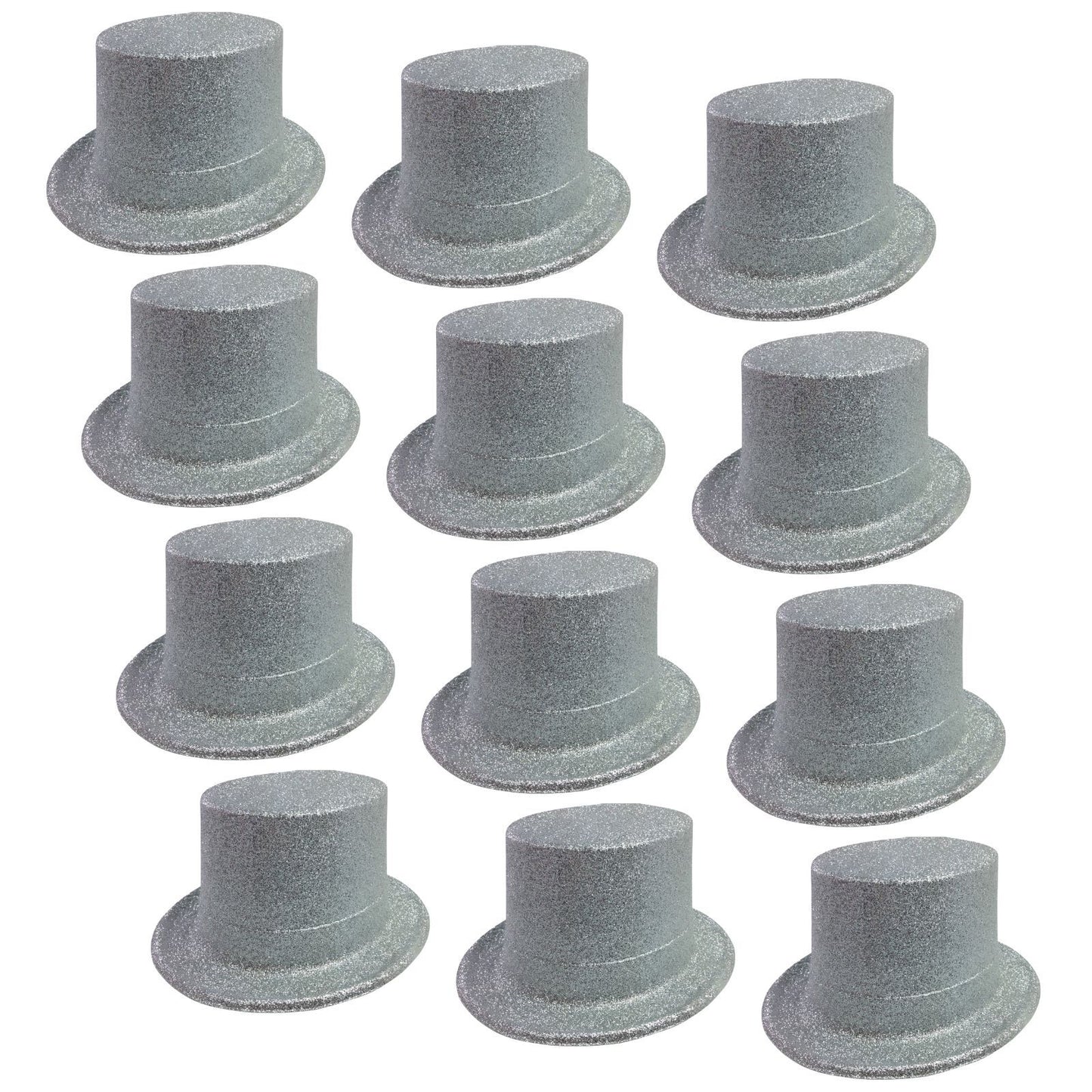 12x GLITTER TOP HAT Fancy Party Plastic Costume Tall Cap Fun Dress Up BULK - Silver V563-12GLTRTOPHAT-SLV