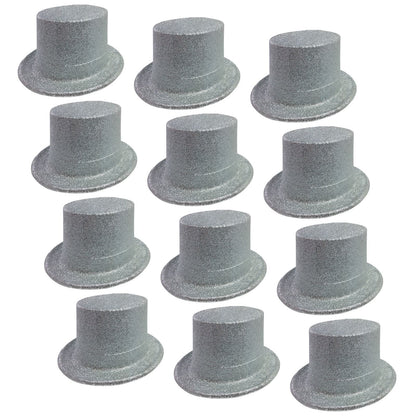 12x GLITTER TOP HAT Fancy Party Plastic Costume Tall Cap Fun Dress Up BULK - Silver V563-12GLTRTOPHAT-SLV