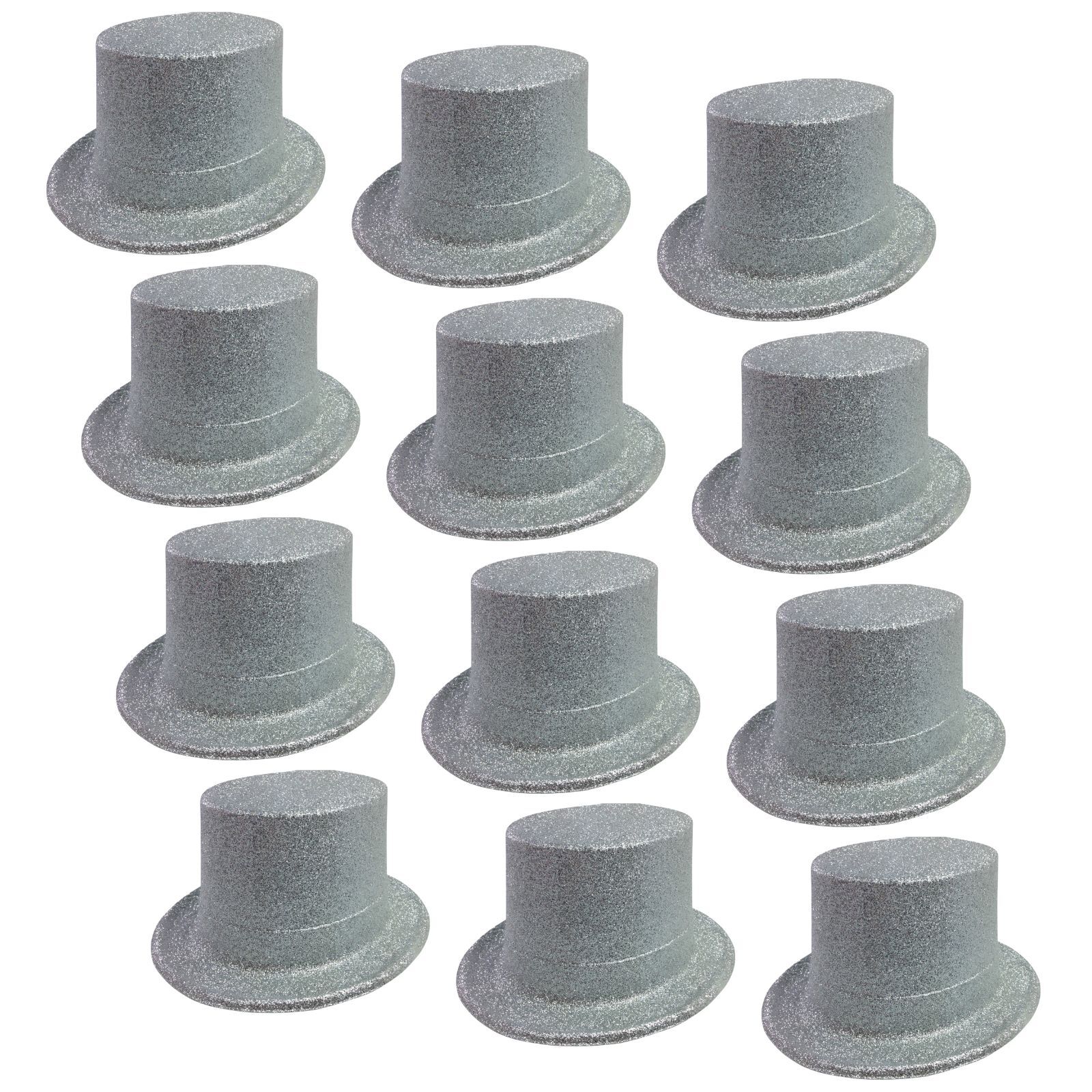 12x GLITTER TOP HAT Fancy Party Plastic Costume Tall Cap Fun Dress Up BULK - Silver V563-12GLTRTOPHAT-SLV