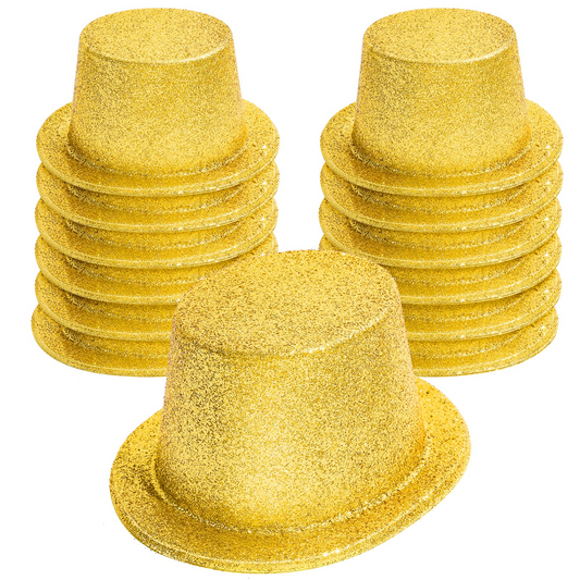 12x GLITTER TOP HAT Fancy Party Plastic Costume Tall Cap Fun Dress Up BULK - Yellow/Gold V563-12GLTRTOPHAT-YLWGLD