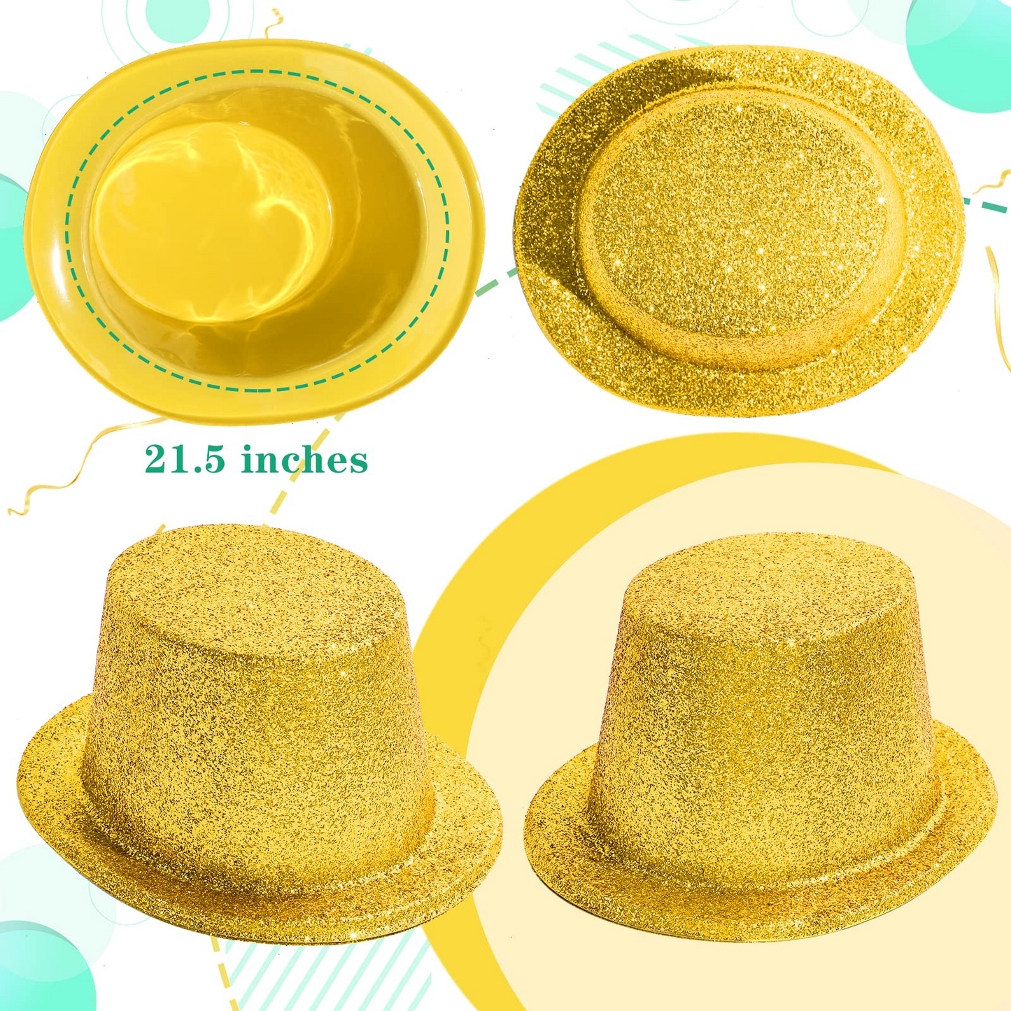 12x GLITTER TOP HAT Fancy Party Plastic Costume Tall Cap Fun Dress Up BULK - Yellow/Gold V563-12GLTRTOPHAT-YLWGLD