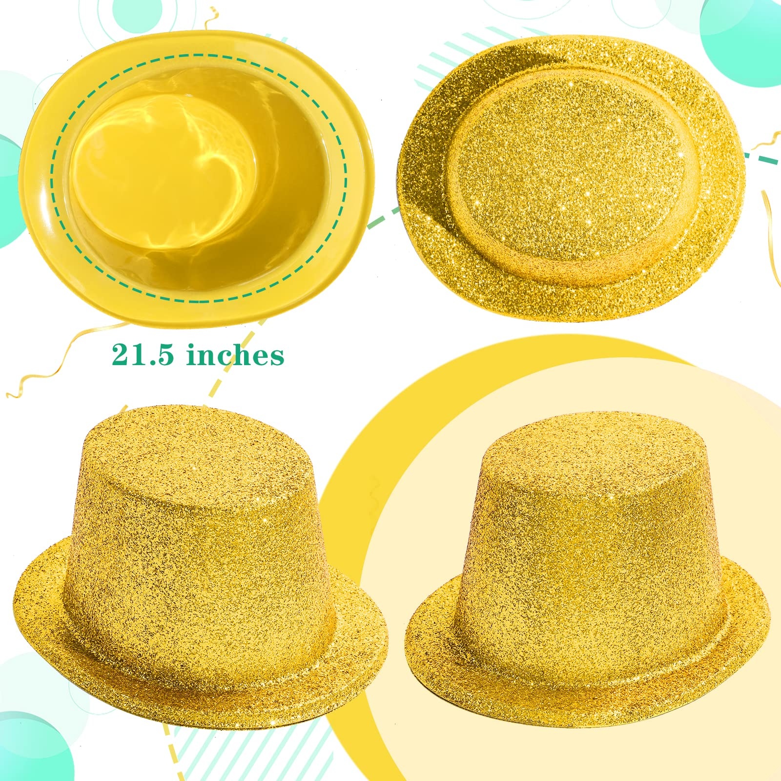 12x GLITTER TOP HAT Fancy Party Plastic Costume Tall Cap Fun Dress Up BULK - Yellow/Gold V563-12GLTRTOPHAT-YLWGLD