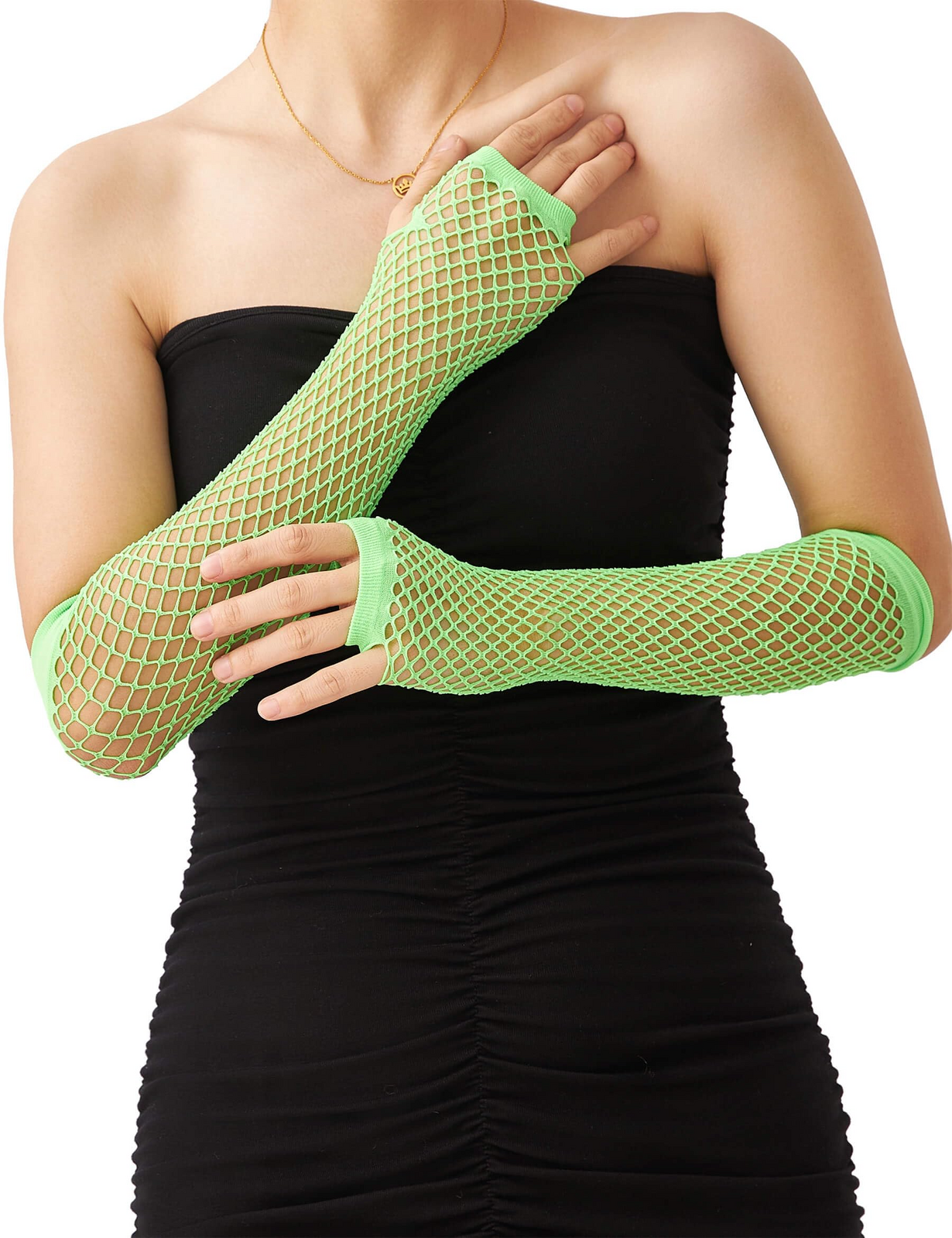 12x Long Elbow Length Fishnet Gloves Fingerless 70s 80s Womens Costume Party Bulk in Fluro Green V563-12PCS-18500-FLUROGRREEN