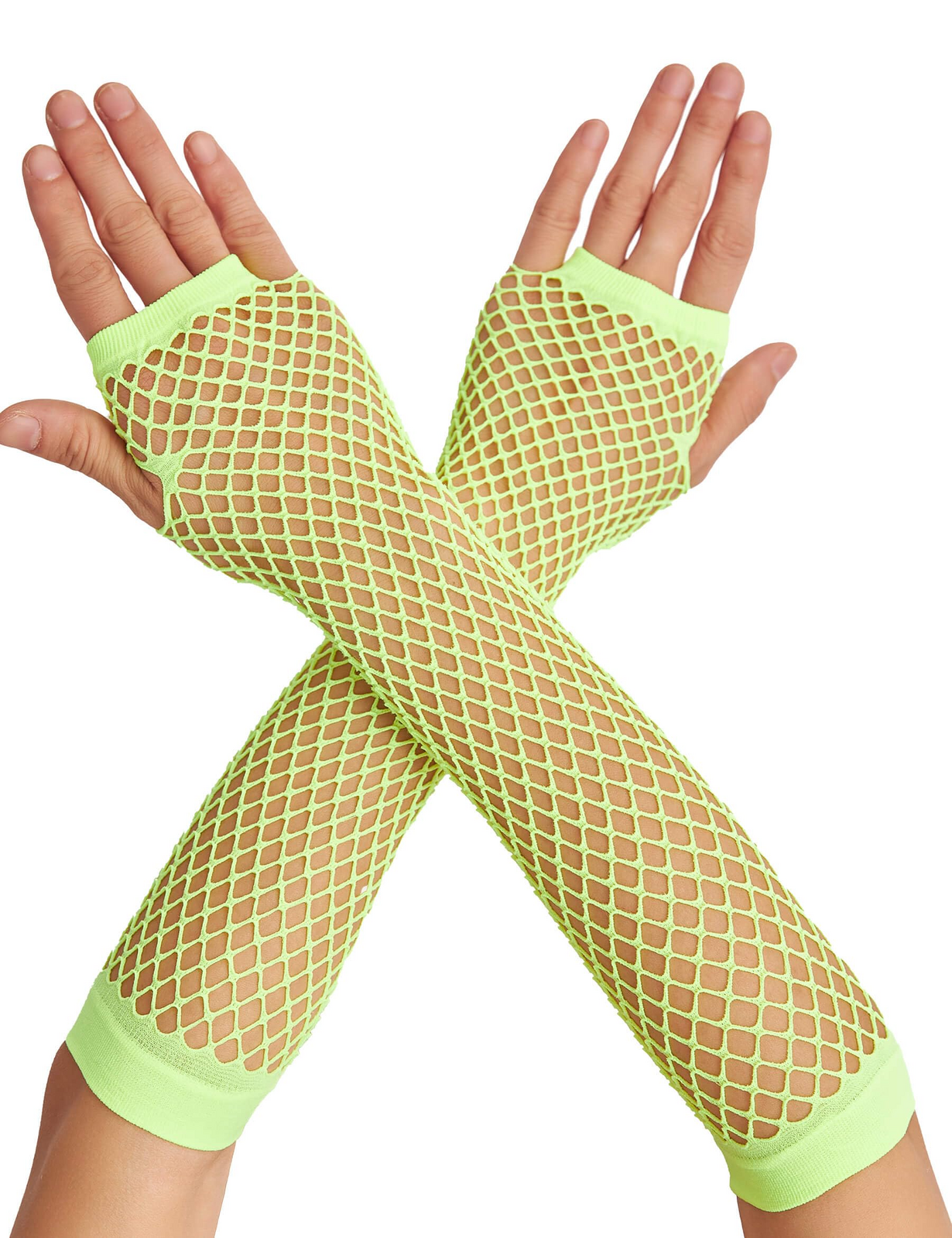12x Long Elbow Length Fishnet Gloves Fingerless 70s 80s Womens Costume Party Bulk in Fluro Yellow V563-12PCS-18500-FLUROYELLOW