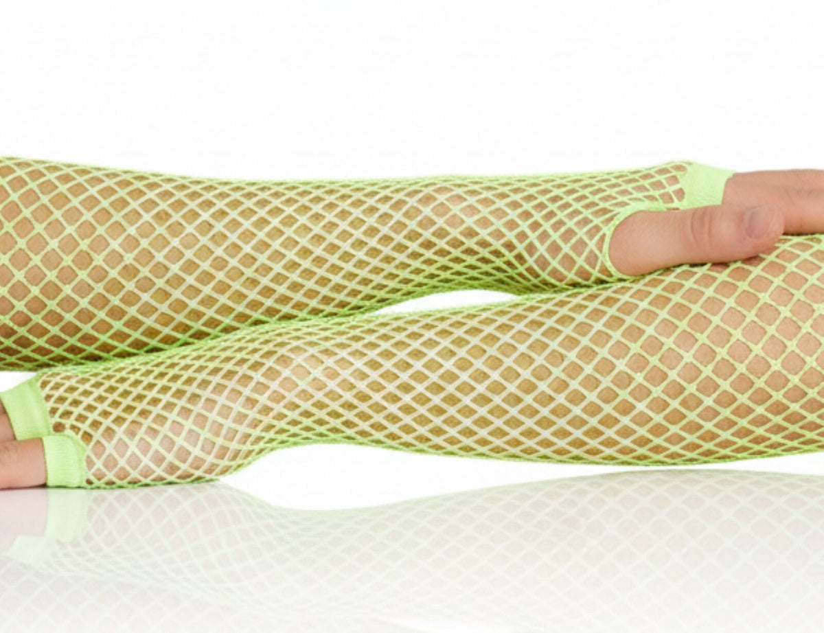 12x Long Elbow Length Fishnet Gloves Fingerless 70s 80s Womens Costume Party Bulk in Fluro Yellow V563-12PCS-18500-FLUROYELLOW
