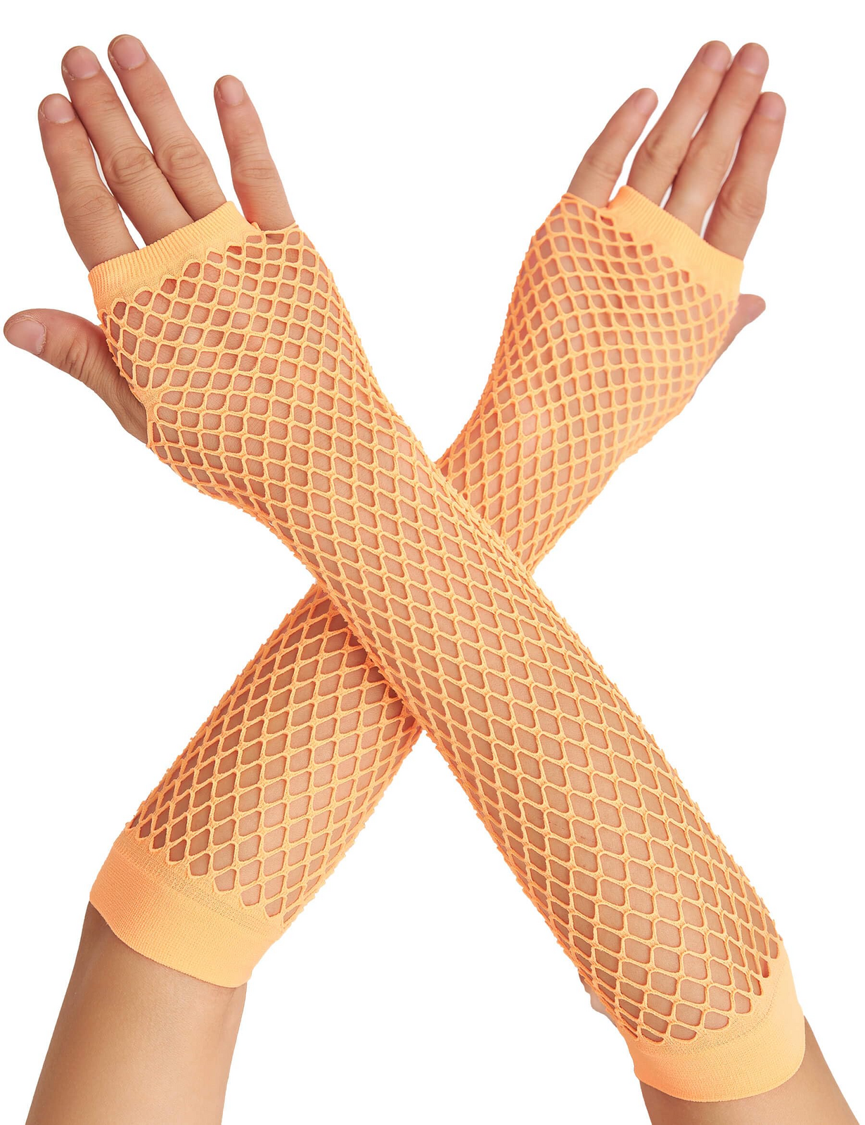 12x Long Elbow Length Fishnet Gloves Fingerless 70s 80s Womens Costume Party Bulk in Orange V563-12PCS-18500-ORANGE
