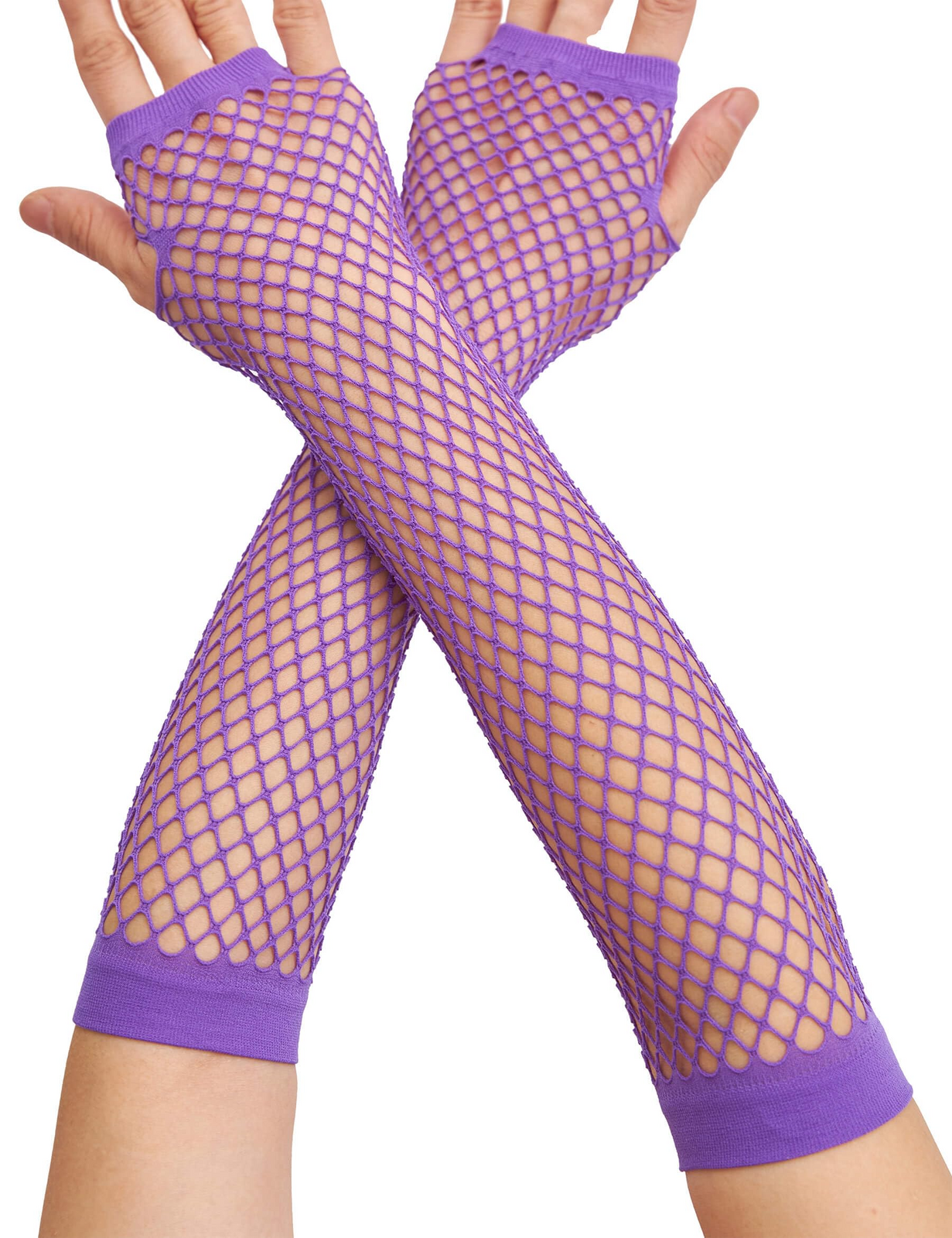 12x Long Elbow Length Fishnet Gloves Fingerless 70s 80s Womens Costume Party Bulk in Purple V563-12PCS-18500-PURPLE