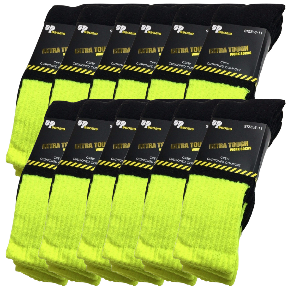 12x Pairs HI VIS SOCKS Workwear Work Safety High Visibility Fluro Cushioned BULK - Yellow - 6-11 V563-12XBR-HIVISSOX-YLW6-11