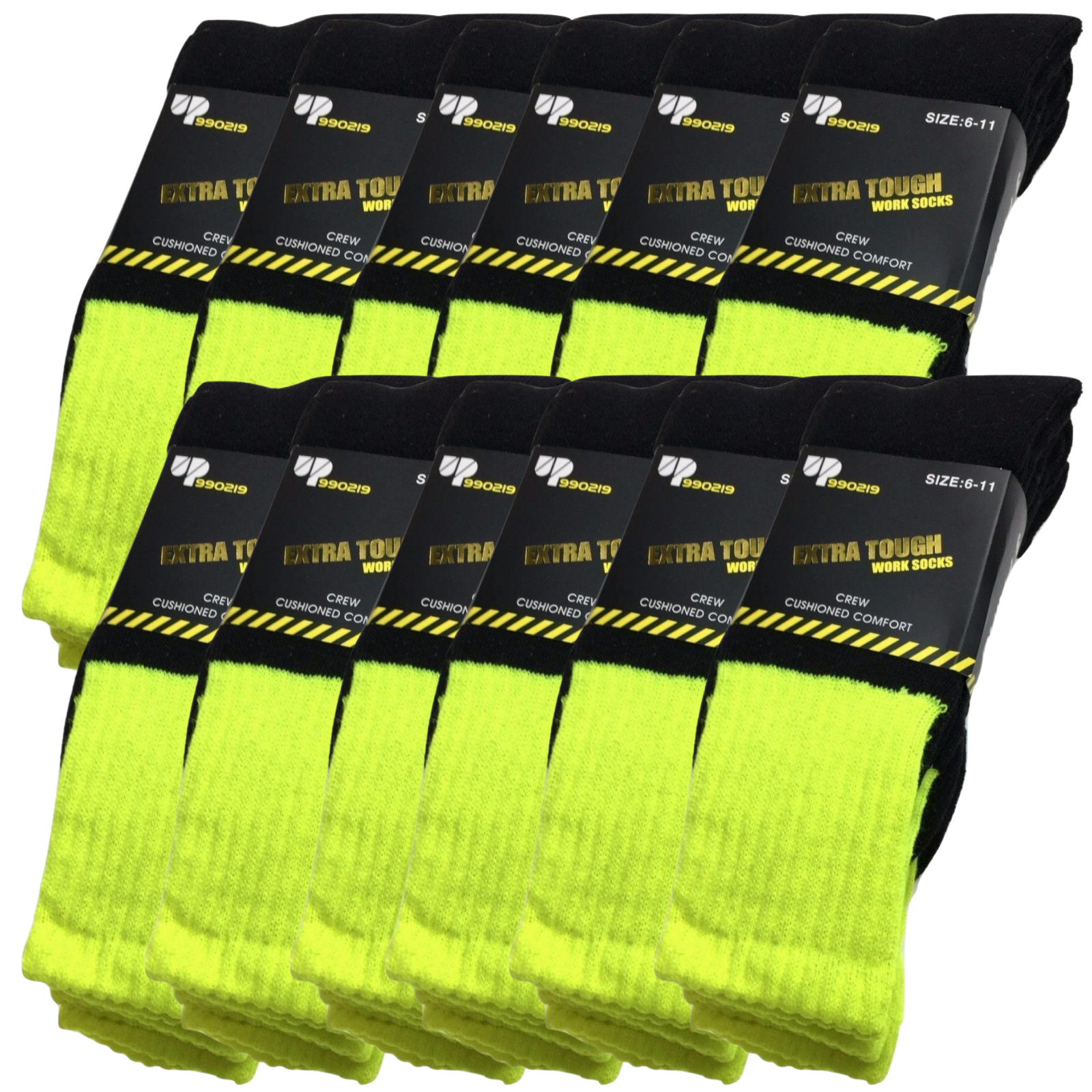 12x Pairs HI VIS SOCKS Workwear Work Safety High Visibility Fluro Cushioned BULK - Yellow - 6-11 V563-12XBR-HIVISSOX-YLW6-11