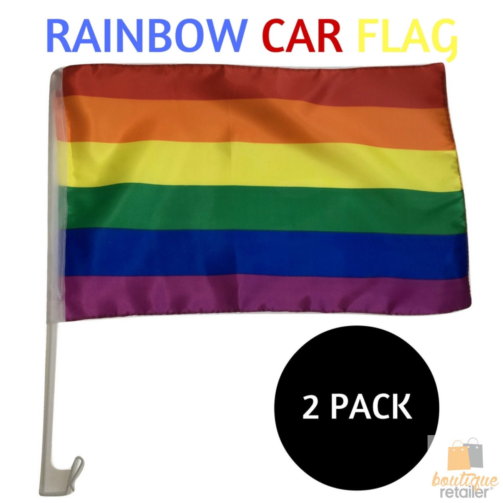 2x RAINBOW CAR FLAG with Window Clip Flags Australia Day 30cm x 45cm Gay Pride V563-13251-2PK