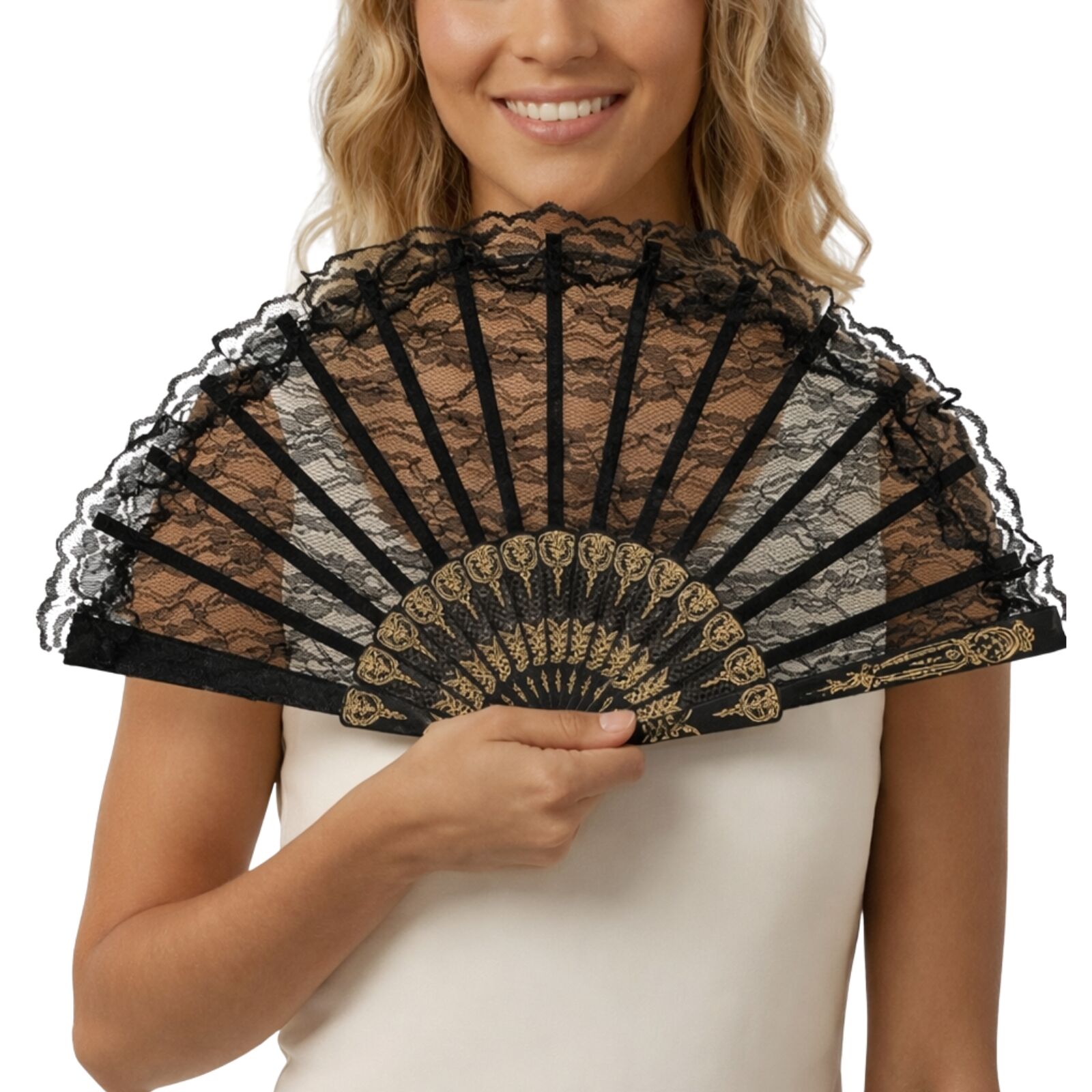 Lace Folding Hand Fan Bridal Wedding Party Spanish Costume Accessory - Black V563-13700-BLK