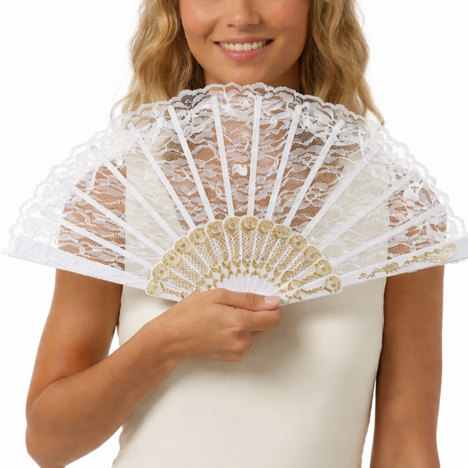 Lace Folding Hand Fan Bridal Wedding Party Spanish Costume Accessory - White V563-13700-WHT
