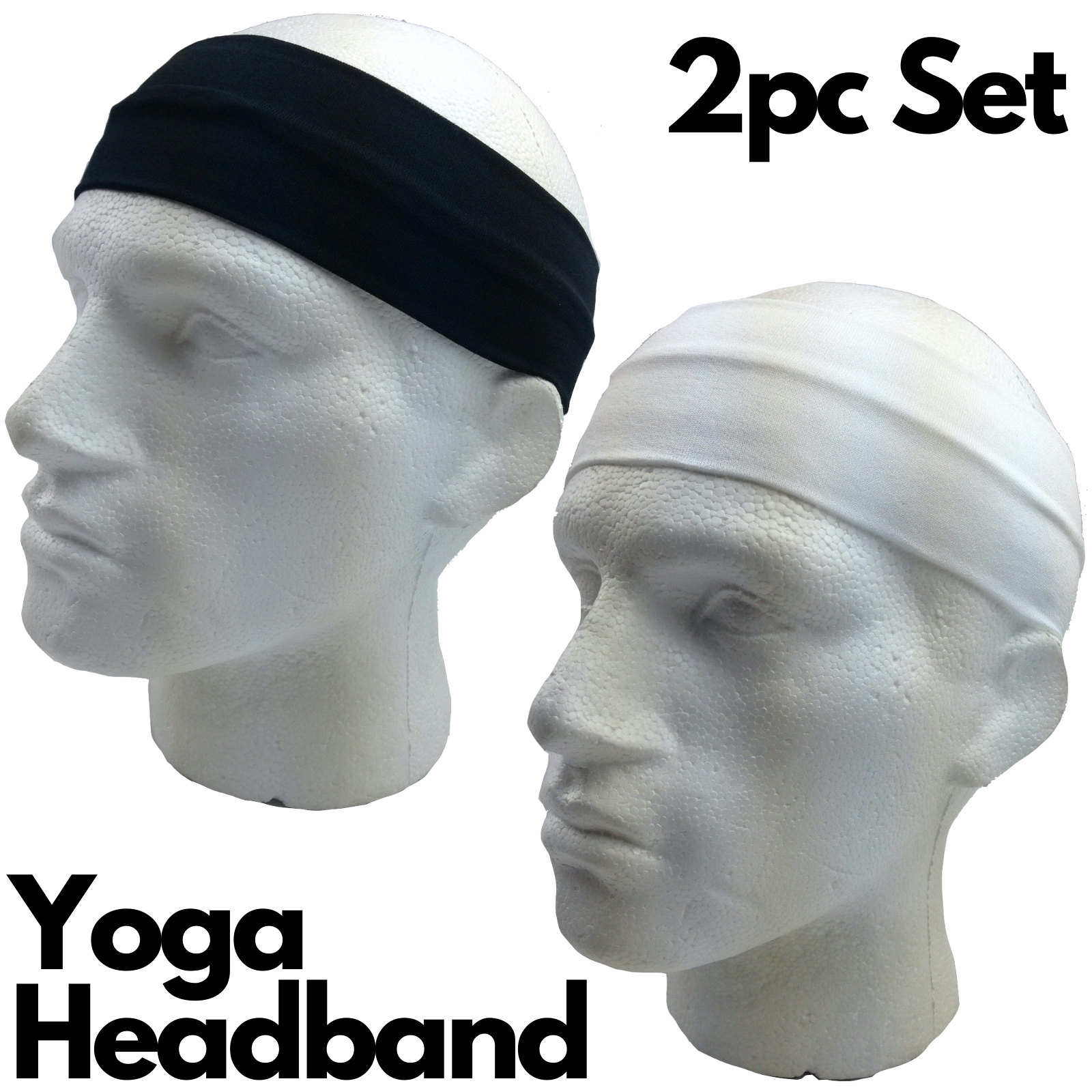 2pc Set Plain Headband Elastic Stretch Sports Yoga Hair Band Unisex Wide Wrap V563-14895_BLACKWHITE