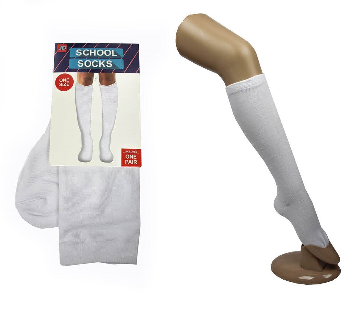 1 Pair SCHOOL SOCKS Plain Knee High Cotton Girls Boys Unisex - White - One Size Fits Most V563-15220-WHITE