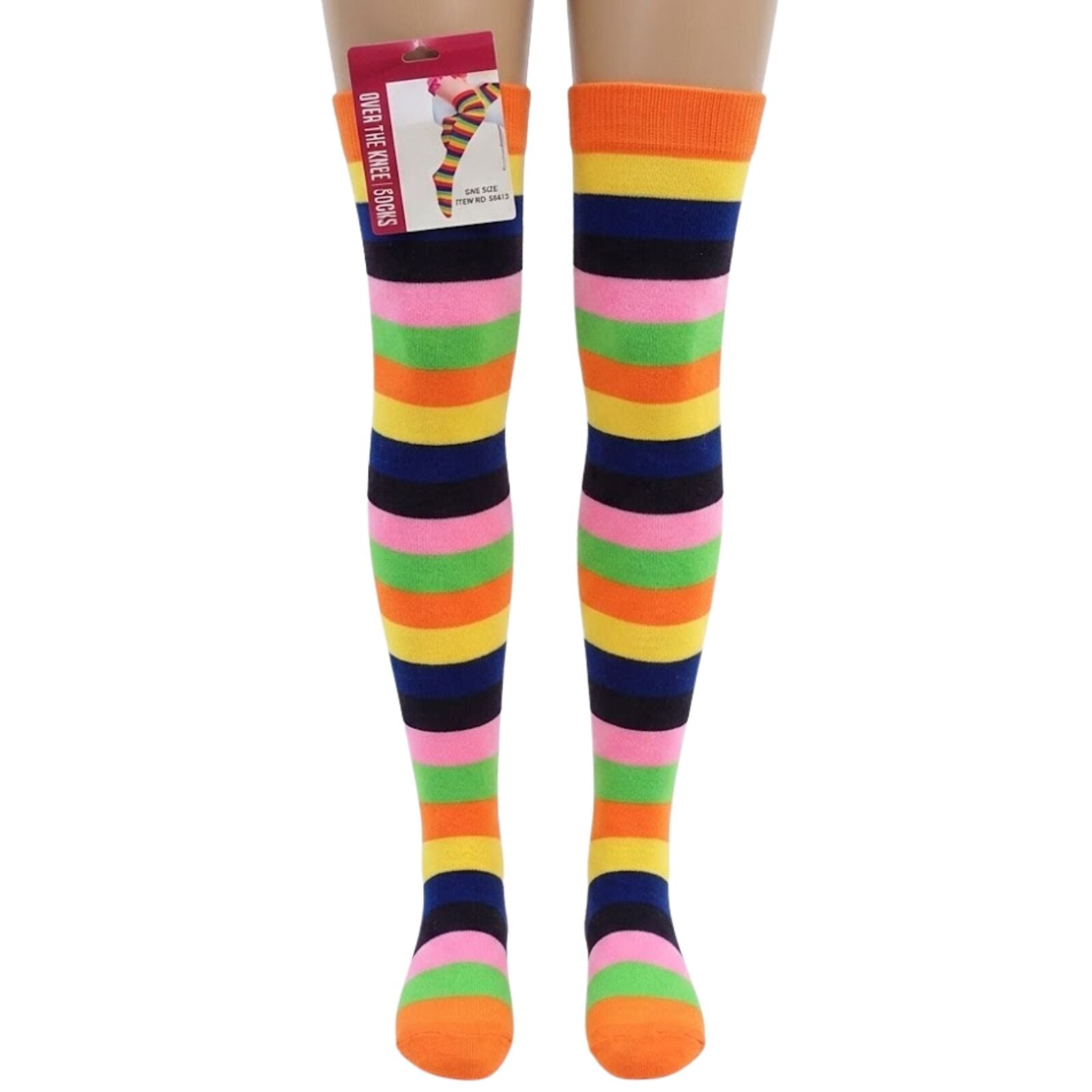 Womens Over Knee Socks Striped Thigh High Stockings Long Stretch - Pink Rainbow V563-15350-14