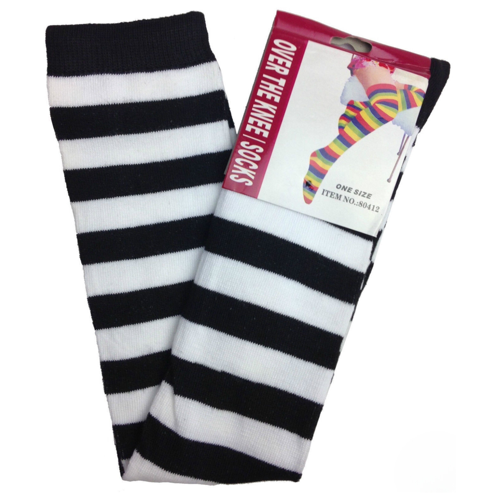Womens Over Knee Socks Striped Thigh High Stockings Long Stretch - Black/White V563-15350-BLACK_WHITE