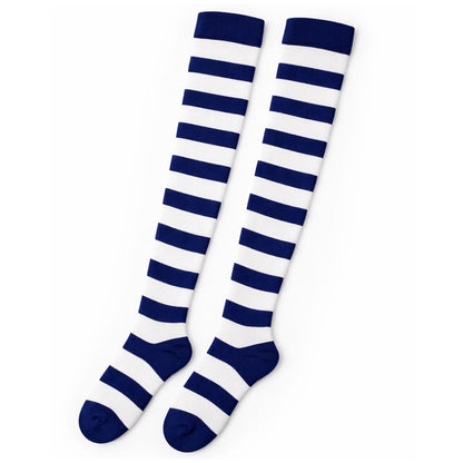 Womens Over Knee Socks Striped Thigh High Stockings Long Stretch - Blue/White V563-15350-BLUE_WHITE