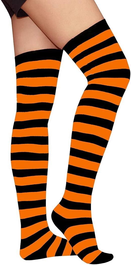 Womens Over Knee Socks Striped Thigh High Stockings Long Stretch - Orange/Black V563-15350-ORANGE_BLACK