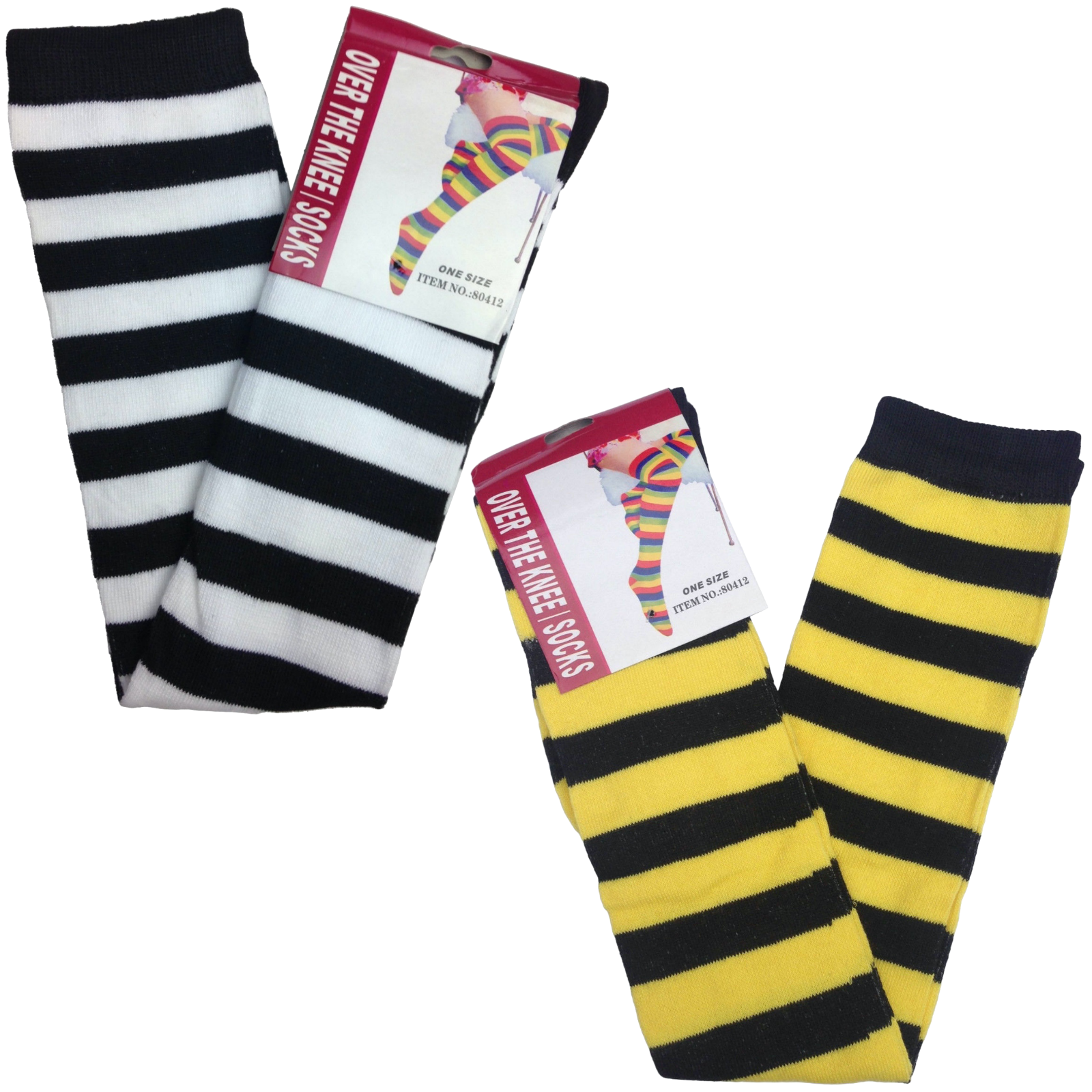 2pc Set Over The Knee Socks Striped Black White Yellow High Thigh Long Stocking V563-15350_STRIPEDSOCKS