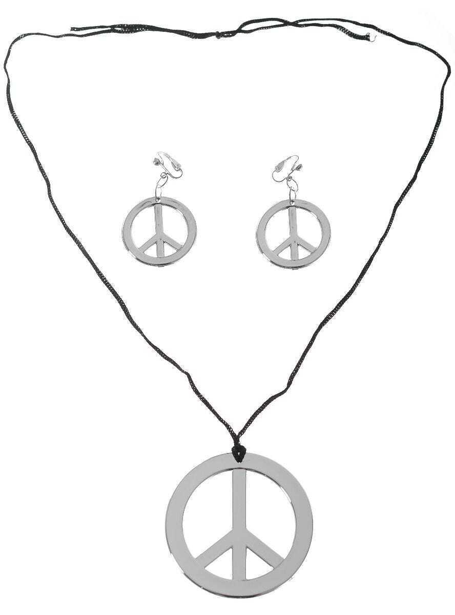 HIPPIE Necklace & Earring Set Peace Signs Party Costume Halloween 60s 70s - Silver V563-16140-SILVER