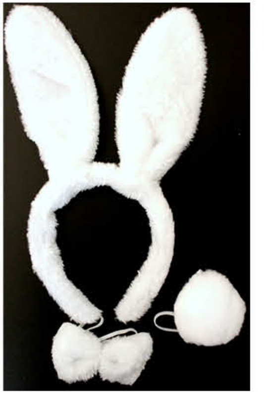WHITE RABBIT EARS HEADBAND w Bow Tail Animal Costume Halloween Party Hair Accessory V563-17201-WHITERABBIT